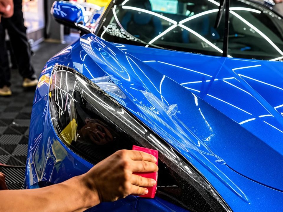 Instalador aplicando PPF na pintura de um carro
