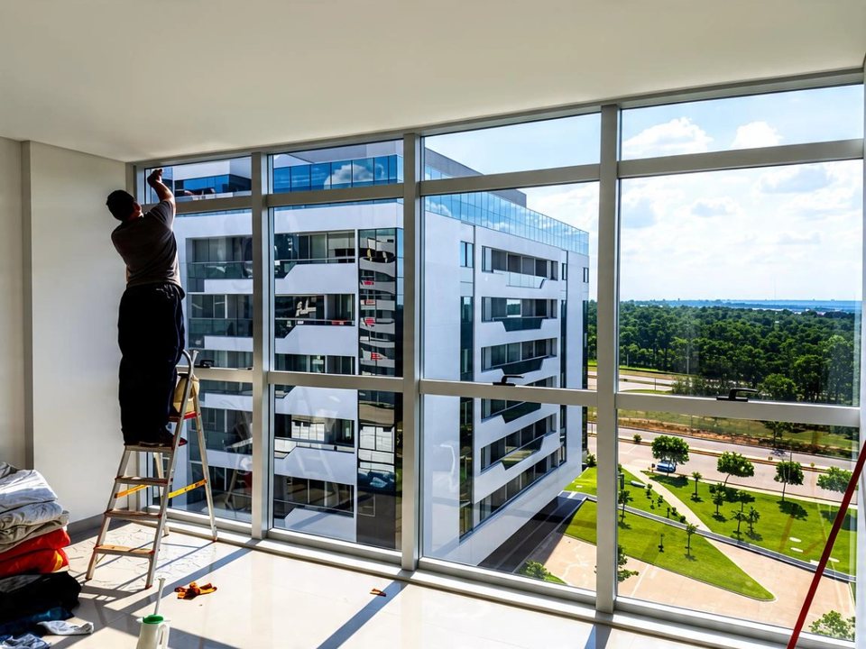 Instalador aplicando película na janela de um apartamento